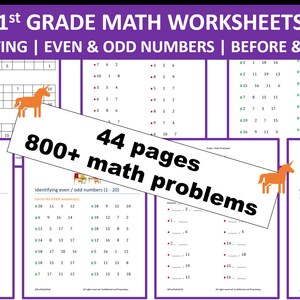 May include: A set of 44 printable worksheets for first grade maths. The worksheets cover counting, even and odd numbers, and before and after number sequences. The worksheets feature colourful illustrations of a unicorn, a boy holding a number 4, and a boy and girl sitting at a desk. The text on the image reads "1st Grade Math Worksheets", "Counting | Even & Odd Numbers | Before & After", and "800+ math problems".