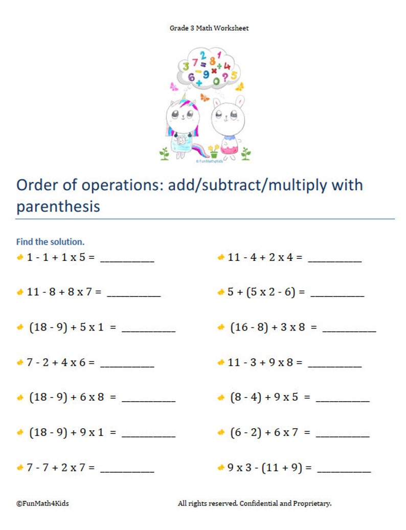 3rd grade math worksheets division order of operations etsy canada