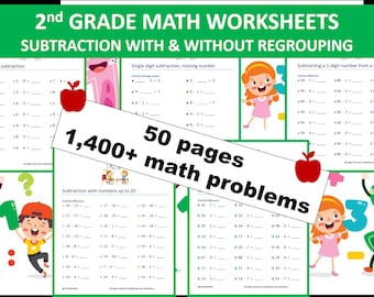 2nd Grade Math Worksheets | 50 pages | 1400+ math problems | Subtraction | Missing Number | Regrouping | Instant Download | PRINTABLE PDF