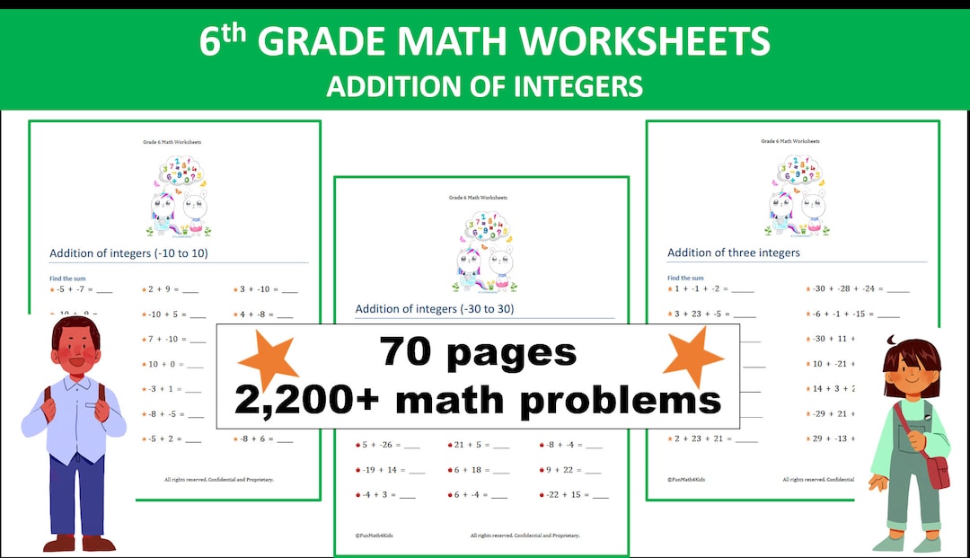 6th Grade Math Worksheets | Addition of Integers | 70 Pages | 2200