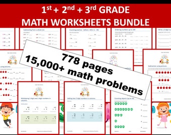 1st + 2nd + 3rd Grade Math Worksheets BUNDLE | 778 pages | 15,000+ math problems | Instant Download | PRINTABLE PDF