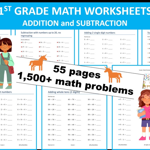 1st Grade Math Worksheets | Addition | Subtraction | 55 pages | 1500 math problems | INSTANT Download | PRINTABLE PDF