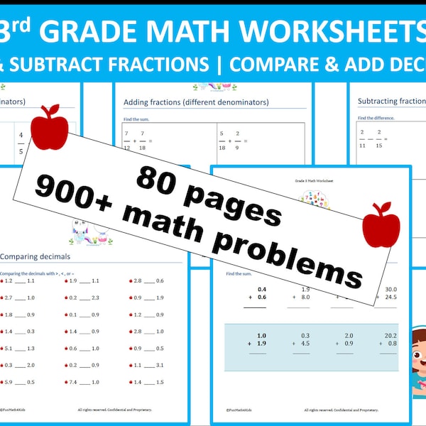 3rd Grade Math Worksheets | Fractions - add & subtract | Add Decimals | 80 pages | 900+ math problems | Instant Download | PRINTABLE PDF
