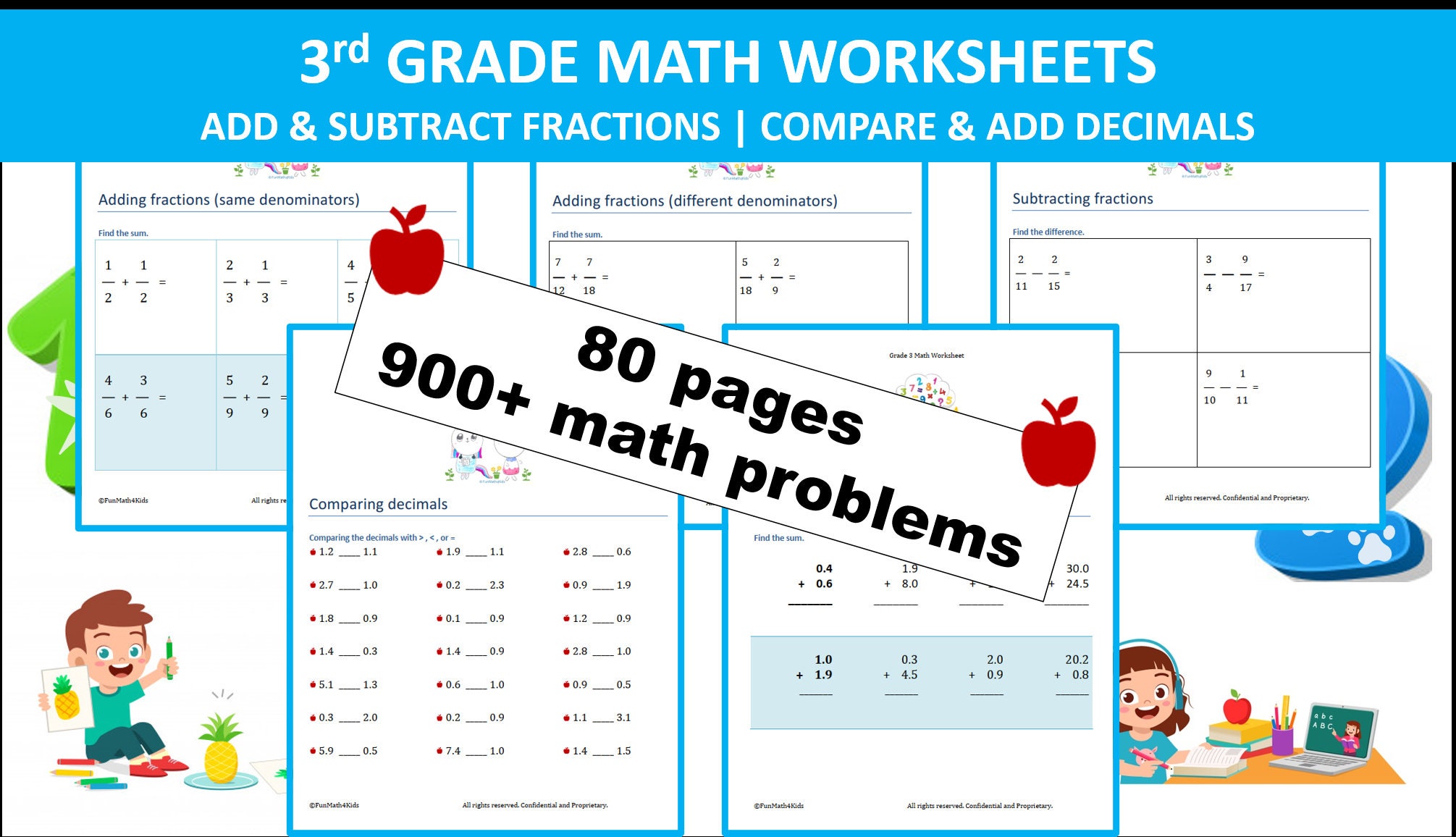 3rd grade math worksheets fractions add subtract add etsy