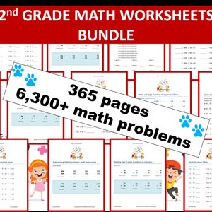 2nd Grade Math Worksheets BUNDLE | 365 pages | 6300+ math problems | Instant Download | PRINTABLE PDF
