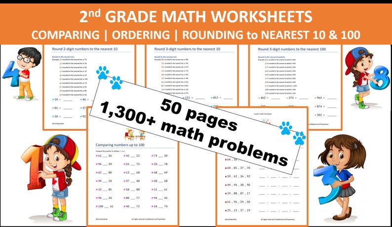 2nd grade math worksheets comparing ordering rounding etsy ireland