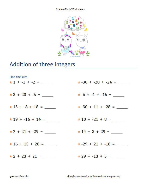 6th Grade Math Worksheets | Addition of Integers | 70 Pages | 2200