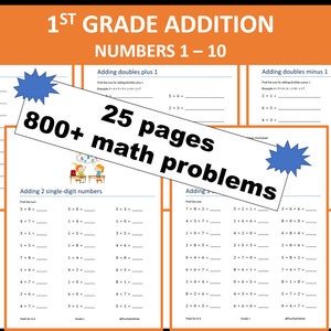 Könnte beinhalten: Ein Satz von 25 druckbaren Arbeitsblättern für Mathematik in der ersten Klasse. Die Arbeitsblätter enthalten Additionsprobleme mit den Zahlen 1-10. Die Arbeitsblätter beinhalten das Addieren von Doppelten, das Addieren von Doppelten plus 1, das Addieren von Doppelten minus 1 und das Addieren von zwei einstelligen Zahlen. Die Arbeitsblätter sind mit Zeichentrickfiguren von Kindern illustriert, die große Zahlen halten. Der Text auf dem Bild lautet "1. Klasse Addition Zahlen 1-10" und "800+ Matheaufgaben".