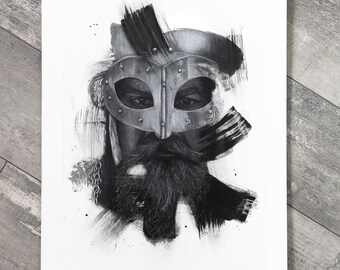 Large Original Charcoal Drawing "VIKING" 400 x 300 mm | Vikings Wall Art | Viking Lover Gift | Original drawing, Hyperrealism Charcoal