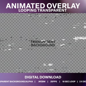 以下が含まれることがあります： 透明な背景に、グリッチとピクセル化の効果が施されたアニメーションオーバーレイ。画像の中央には「TRANSPARENT BACKGROUND」というテキストが表示されています。画像の下部には「DIGITAL DOWNLOAD」というテキストと、「TRANSPARENT BACKGROUND/ALPHA | WEBM | 25FPS | 10 SEC LOOP | 3X DESIGNS」という詳細が表示されています。