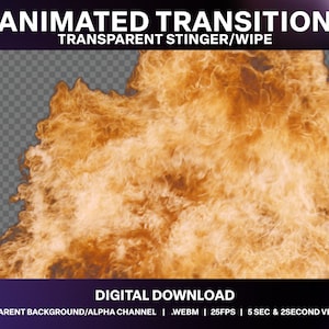 May include: Animated fire transition effect with a transparent background. This digital download includes a 5-second and 2-second version in .WEBM format at 25 frames per second.