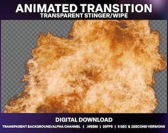 May include: Animated fire transition effect with a transparent background. This digital download includes a 5-second and 2-second version in .WEBM format at 25 frames per second.