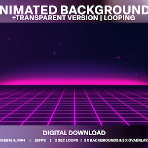 May include: Animated background with a pink and purple grid pattern and a pink horizon line. The background is set against a dark blue sky with white stars. The text "ANIMATED BACKGROUNDS +TRANSPARENT VERSION | LOOPING" is at the top of the image. The text "DIGITAL DOWNLOAD .WEBM &.MP4 | 25FPS | 2 SEC LOOPS | 3X BACKGROUNDS & 3 X OVAERLAYS" is at the bottom of the image.