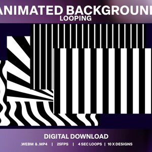 Può includere: Loop di sfondo animati con strisce bianche e nere e linee ondulate. Il testo "ANIMATED BACKGROUND LOOPING" è nella parte superiore dell'immagine. Il testo "DIGITAL DOWNLOAD .WEBM &.MP4 | 25FPS | 4 SEC LOOPS | 10 X DESIGNS" è nella parte inferiore dell'immagine.