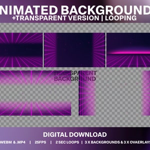 May include: Three animated backgrounds with a retro grid pattern in pink and purple. The backgrounds are transparent and loop. The text on the image reads "Animated Backgrounds +Transparent Version | Looping" and "Digital Download .WEBM &.MP4 | 25FPS | 2 SEC LOOPS | 3X BACKGROUNDS & 3 X OVAERLAYS".