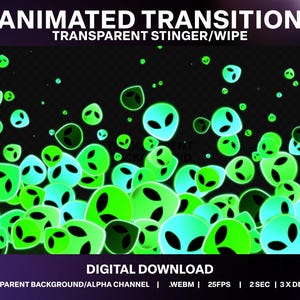 Può includere: Un download digitale animato con una transizione trasparente stinger/wipe. Il design presenta numerosi volti alieni verdi e turchese su uno sfondo nero. Il testo in alto recita "ANIMATED TRANSITION" e "TRANSPARENT STINGER/WIPE".