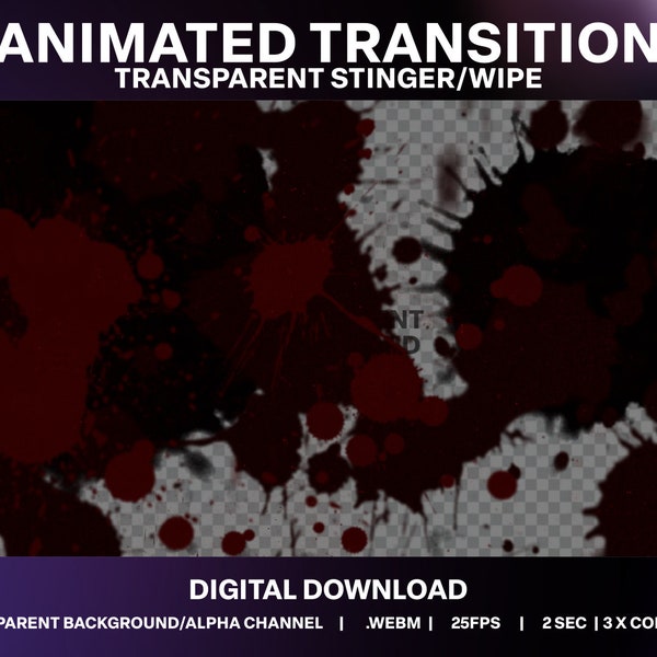 Transición de transmisión de Twitch animada con salpicaduras / Transiciones de salpicaduras de pintura espeluznante / Blood Spray Grunge Stream Stinger / Toallitas de Twitch de terror