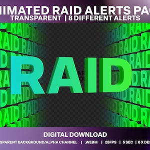 Puede incluir: Gráfico de "Animated Raid Alerts Pack" con la palabra "RAID" en letras 3D grandes, que transicionan de turquesa a verde. El fondo presenta texto "RAID" repetido en verde. El texto en la parte superior dice "ANIMATED RAID ALERTS PACK" y "TRANSPARENT | 8 DIFFERENT ALERTS".