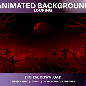 Może przedstawiać: Animowane tło w pętli z czerwoną i czarną kolorystyką. Tło przedstawia cmentarz z sylwetkami drzew i nietoperzem latającym przed czerwoną księżycem. Tekst "ANIMATED BACKGROUND LOOPING" znajduje się w górnej części obrazu. Tekst "DIGITAL DOWNLOAD .WEBM &.MP4 | 25FPS | 10 SEC LOOPS | 3X DESIGNS" znajduje się w dolnej części obrazu.
