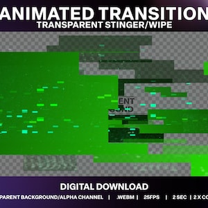 May include: Animated transition effect with a green and black glitch pattern. The effect is transparent and can be used as a stinger or wipe. The text "ENT" is visible in the centre of the image.