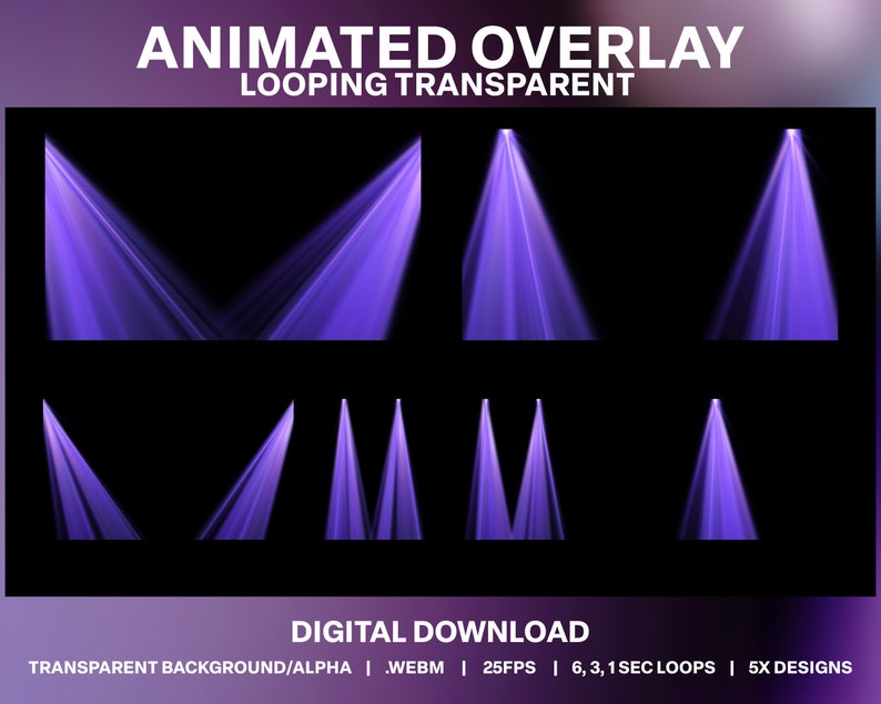 Animierte Lila Bühnenstrahler Loop: Twitch DJ Stream Overlay (Digitaler Download) Bild 3