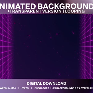 May include: Animated background with a grid pattern in pink and a dark blue background with white stars. The text on the image reads "Animated Backgrounds +Transparent Version | Looping" and "Digital Download .WEBM &.MP4 | 25FPS | 2 SEC LOOPS | 3X BACKGROUNDS & 3 X OVAERLAYS".