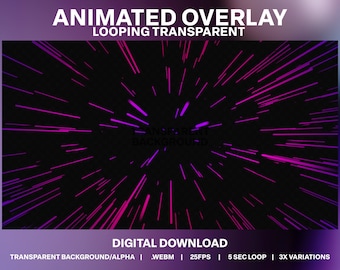 Puede incluir: Superposición animada con un fondo negro y líneas rosadas y moradas que irradian hacia afuera desde el centro. El texto "ANIMATED OVERLAY LOOPING TRANSPARENT" está en la parte superior de la imagen. El texto "DIGITAL DOWNLOAD" está en la parte inferior de la imagen. El texto "TRANSPARENT BACKGROUND/ALPHA | .WEBM | 25FPS | 5 SEC LOOP | 3X VARIATIONS" está debajo del texto "DIGITAL DOWNLOAD".