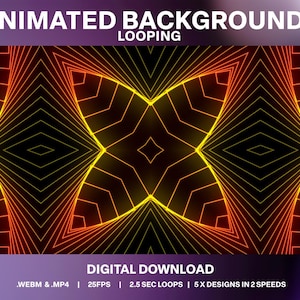 Peut inclure: Fond d'écran animé géométrique avec un design en boucle. L'image présente un motif symétrique de lignes orange et jaunes sur un fond noir. Le texte en haut indique "ANIMATED BACKGROUNDS LOOPING". Le texte en bas dit "TÉLÉCHARGEMENT NUMÉRIQUE".