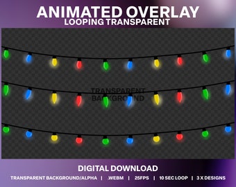 Op de afbeelding: Geanimeerde overlay met een looping transparant ontwerp. De afbeelding toont drie rijen kleurrijke lichtslingers tegen een transparante achtergrond. De lichten zijn in verschillende kleuren, waaronder groen, blauw, geel en rood. Tekst bevat "ANIMATED OVERLAY" en "DIGITAL DOWNLOAD".