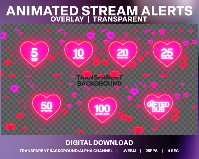 Glowing Hearts Twitch Sub Alert: Animated Subscriber Stream Overlay ...
