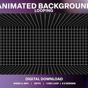 Puede incluir: Fondo animado en bucle con un patrón de cuadrícula blanca sobre un fondo negro. El texto "ANIMATED BACKGROUND LOOPING" está en la parte superior de la imagen. El texto "DIGITAL DOWNLOAD .WEBM &.MP4 | 25FPS | 5 SEC LOOP | 6X DESIGNS" está en la parte inferior de la imagen.
