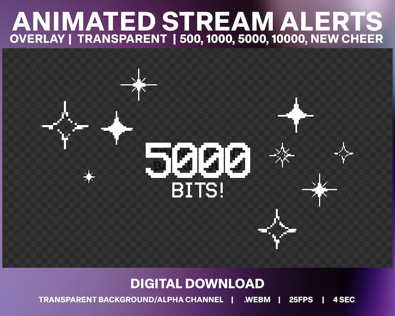 May include: Animated stream alert overlay with a transparent background. The overlay features a white pixelated number "5000" with the word "BITS!" below it. There are multiple white pixelated stars scattered around the number. The text "ANIMATED STREAM ALERTS" is at the top of the overlay, and the text "OVERLAY | TRANSPARENT | 500, 1000, 5000, 10000, NEW CHEER" is below it.