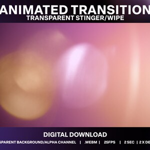 May include: Animated transition effect with a pink, orange, and white gradient background. The text "TRANSPARENT STINGER/WIPE" is at the top of the image. The text "DIGITAL DOWNLOAD" is at the bottom of the image. The text "TRANSPARENT BACKGROUND/ALPHA CHANNEL | .WEBM | 25FPS | 2 SEC | 2X DESIGNS" is also at the bottom of the image.