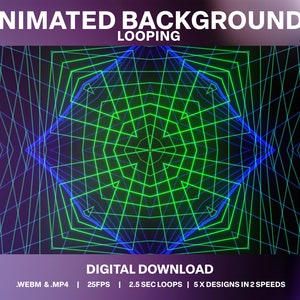 May include: Animated backgrounds with a geometric design in green and blue lines. The text "ANIMATED BACKGROUNDS LOOPING" is at the top of the image. The text "DIGITAL DOWNLOAD .WEBM &.MP4 | 25FPS | 2.5 SEC LOOPS | 5X DESIGNS IN 2 SPEEDS" is at the bottom of the image.