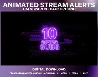 Purple Neon Glitch Gifted Subs Alert | Stream Subscriber Animated Overlay | Cyber Punk Twitch Decoration | 5, 10, 20, 25, 50, 100 Sub alerts