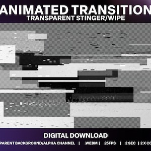 May include: Animated transition effect with a glitch aesthetic. The effect is a transparent stinger/wipe with a black and white colour scheme. The effect is 2 seconds long and has 2 colours. The effect is available for digital download in WEBM format at 25 frames per second.