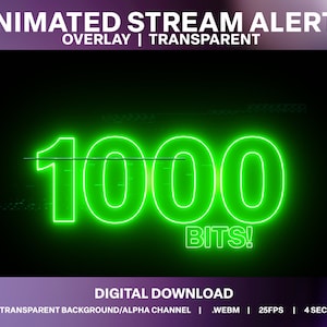 Puede incluir: Superposición de texto animado en neón verde para streaming, que muestra "1000 BITS!" sobre un fondo negro. El texto está animado y tiene un efecto de glitch digital. Esta es una descarga digital para un fondo transparente/canal alfa, en formato WEBM, 25 fotogramas por segundo y 4 segundos de duración.