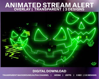 Animated Halloween Stream Alerts | Neon Pumpkin Face Overlays (Digital Download)