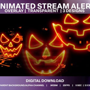 Puede incluir: Superposición de alerta de transmisión animada con tres diseños. La imagen presenta caras de calabaza naranja brillante sobre un fondo negro. El texto en la parte superior dice "ANIMATED STREAM ALERT OVERLAY | TRANSPARENT | 3 DESIGNS".