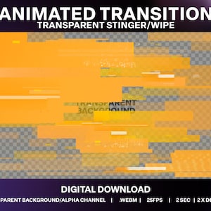 May include: Animated transition effect with a yellow and white glitch pattern on a transparent background. The text "TRANSPARENT BACKGROUND" is visible in the image.  The text "ANIMATED TRANSITION" and "TRANSPARENT STINGER/WIPE" are also visible at the top of the image.