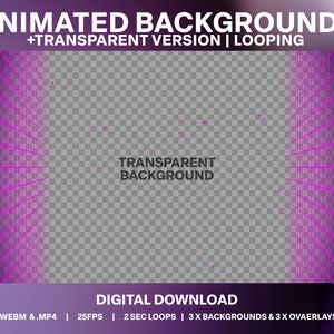 May include: Animated background with a pink grid pattern. The background is transparent and loops. The text "TRANSPARENT BACKGROUND" is visible in the center of the image. The text "DIGITAL DOWNLOAD" is visible at the bottom of the image. The text ".WEBM &.MP4 | 25FPS | 2 SEC LOOPS | 3X BACKGROUNDS & 3 X OVAERLAYS" is visible at the bottom of the image.