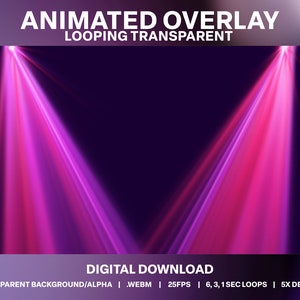 以下が含まれることがあります： 黒い背景にピンクと紫の2本の光線が輝くアニメーションオーバーレイ。画像の上部に「ANIMATED OVERLAY LOOPING TRANSPARENT」というテキストが表示されています。画像の下部に「DIGITAL DOWNLOAD」というテキストが表示されています。画像の下部に「TRANSPARENT BACKGROUND/ALPHA | WEBM | 25FPS | 6, 3, 1SEC LOOPS | 5X DESIGNS」というテキストが表示されています。