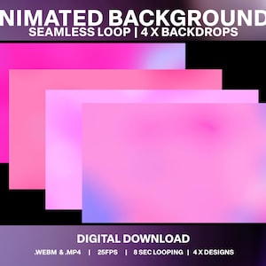May include: Four animated backgrounds in pink, purple, and blue hues. The backgrounds are seamless loops, 8 seconds long, and 25 frames per second. They are available for download in .webm and .mp4 formats.