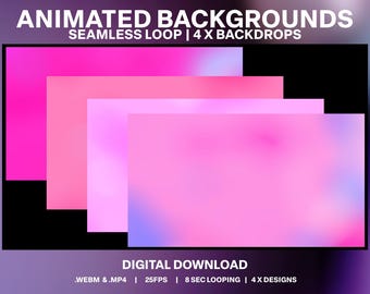 Puede incluir: Cuatro fondos animados en tonos rosas, morados y azules. Los fondos son bucles sin costuras, de 8 segundos de duración y 25 fotogramas por segundo. Están disponibles para descargar en formatos .webm y .mp4.