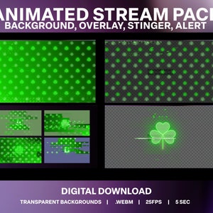 Könnte beinhalten: Animiertes Stream-Paket mit einem grünen Kleeblatt-Design. Das Paket enthält einen Hintergrund, eine Überlagerung, einen Stinger und eine Benachrichtigung. Das Design zeigt ein grünes Kleeblatt mit einem leuchtenden Umriss. Das Paket ist als digitaler Download im .WEBM-Format mit 25 Bildern pro Sekunde und einer Länge von 5 Sekunden verfügbar.