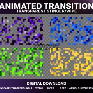 May include: Animated transition effect with four color variations: purple, blue, green, and yellow. The effect is a pixelated stinger or wipe, with a transparent background. The text "TRANSPARENT BACKGROUND | .WEBM | 25FPS | 2 SEC | 4X COLOUR VARIATIONS" is at the bottom of the image.