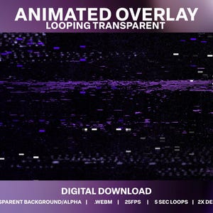 Może przedstawiać: Animowany nakład z efektem zakłóceń w kolorze fioletowym i czarnym. Tekst "ANIMATED OVERLAY LOOPING TRANSPARENT" znajduje się w górnej części obrazu. Tekst "DIGITAL DOWNLOAD" znajduje się w dolnej części obrazu. Tekst "TRANSPARENT BACKGROUND/ALPHA | WEBM | 25FPS | 5 SEC LOOPS | 2X DESIGNS" znajduje się pod tekstem "DIGITAL DOWNLOAD".
