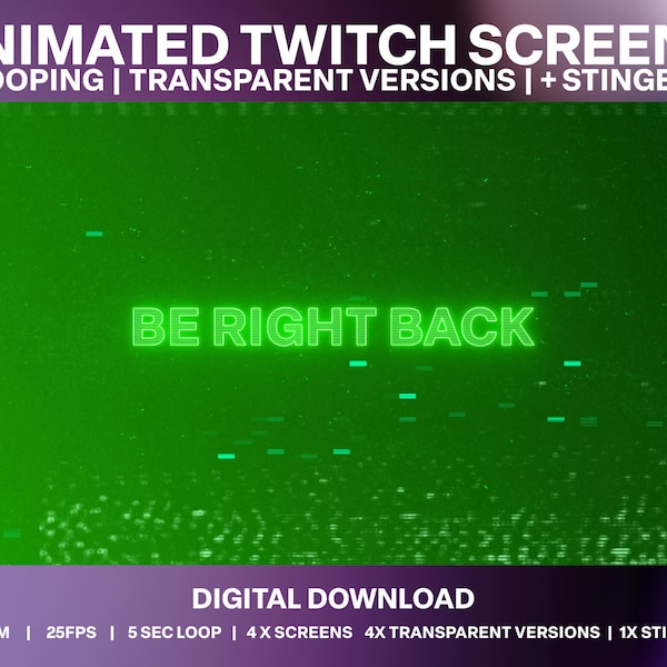 Neon Glitch Animated Twitch Stream Screens | VHS Cyber Punk Noise Stream Overlay Pack | Starting Soon, BRB, Stream Ending, Offline, Stinger