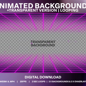 May include: Animated background with a grid pattern in pink and purple. The text "TRANSPARENT BACKGROUND" is in the center of the image. The text "DIGITAL DOWNLOAD" is at the bottom of the image. The text ".WEBM &.MP4 | 25FPS | 2 SEC LOOPS | 3X BACKGROUNDS & 3 X OVAERLAYS" is at the bottom of the image.