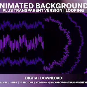 Puede incluir: Fondos animados con un esquema de color morado y negro. El texto dice "Animated Backgrounds Plus Transparent Version | Looping" y "Digital Download .WEBM &.MP4 | 25FPS | 10 SEC LOOP | 4X DESIGNS | BACKGROUND & TRANSPARENT VERSIONS".